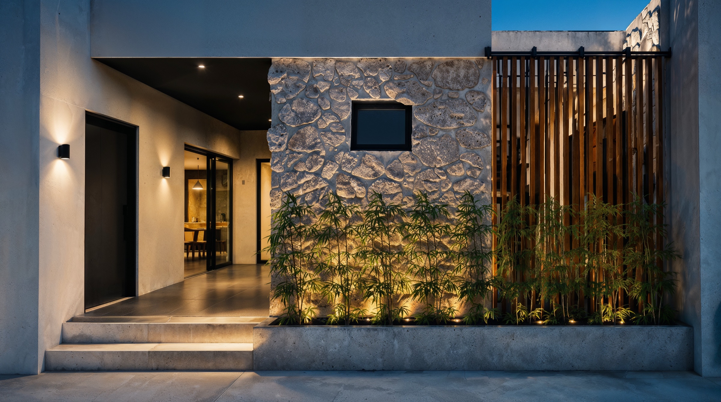 Fachada de entrada com volume em pedra e painel ripado em madeira