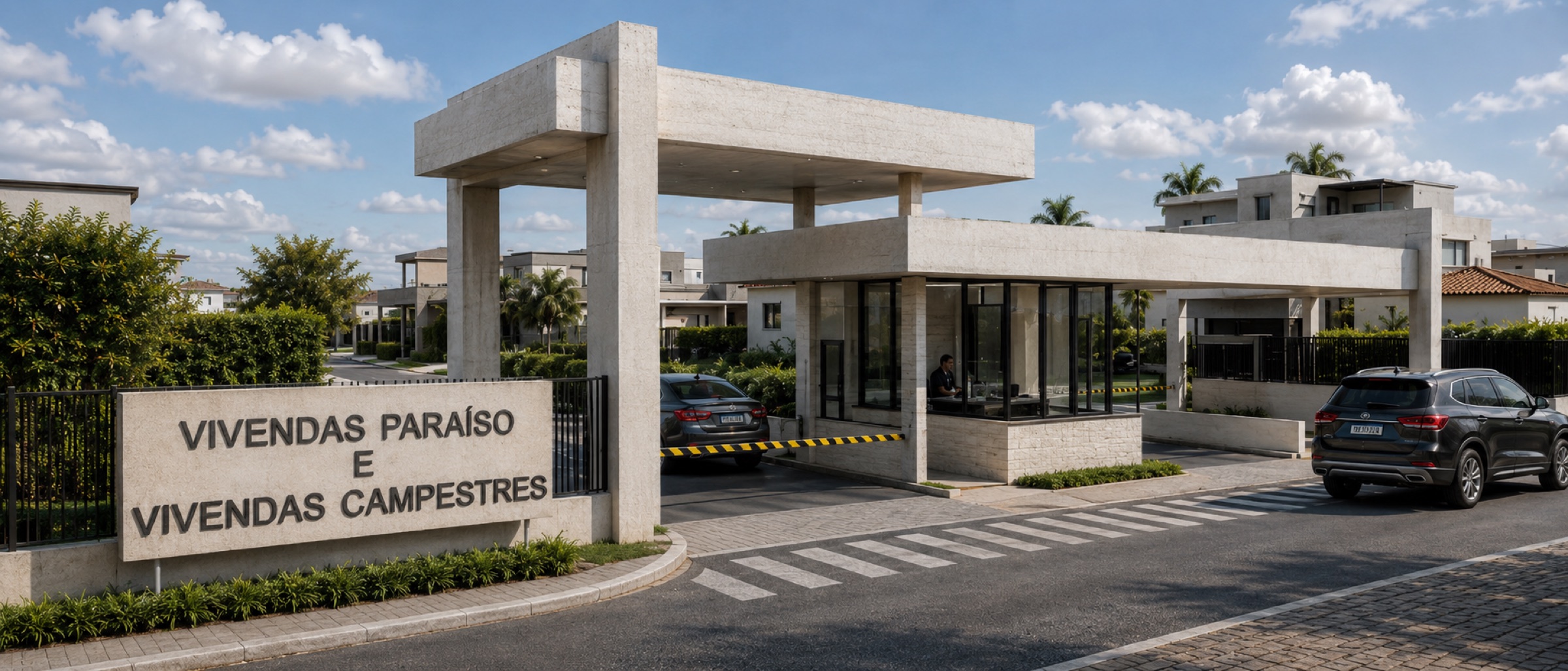 Portaria de condomínio com duas lajes de concreto em alturas diferentes, guarita em vidro e muro com o nome do condomínio